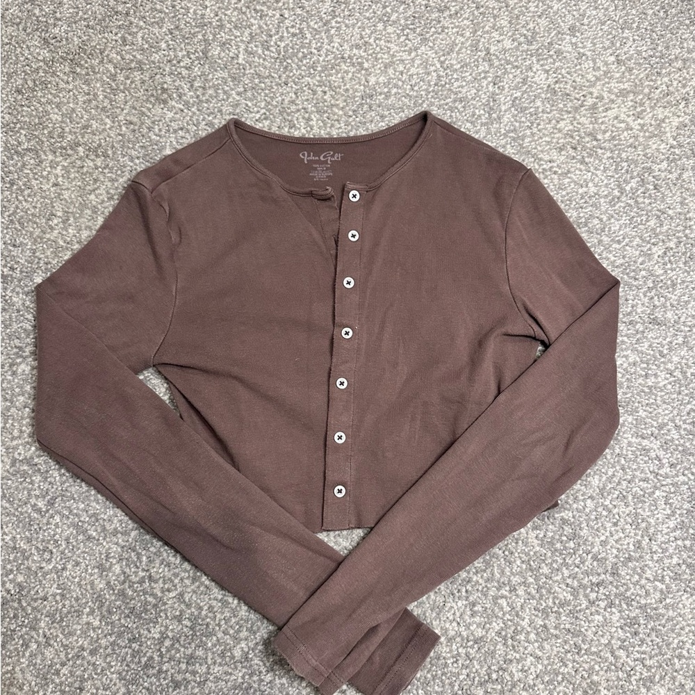 Brown Long Sleeve Cropped Button-Up Crop Top - final sale - medium